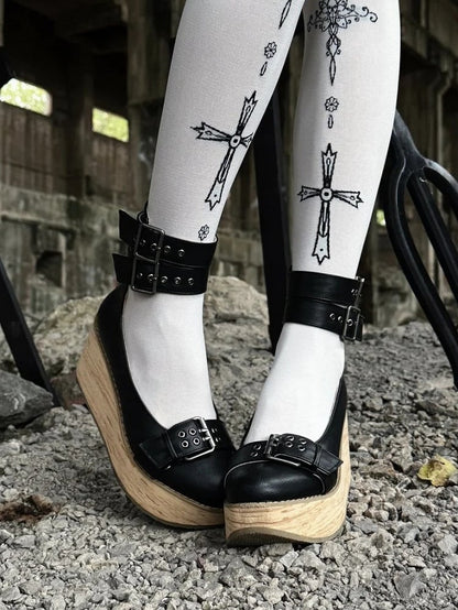 Janes in with Black Decor Buckles Closure Platform Ankle - Mary Layered PU