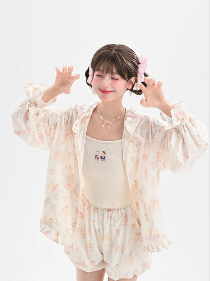 Ears Hood Beige Allover Drawstring Kitty Print Sun Protection Jacket Cuffs Kitty