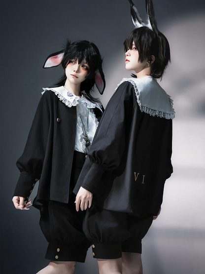 Weißes Langarmhemd mit flachem Kragen und Ouji-Lolita-Puppendruck