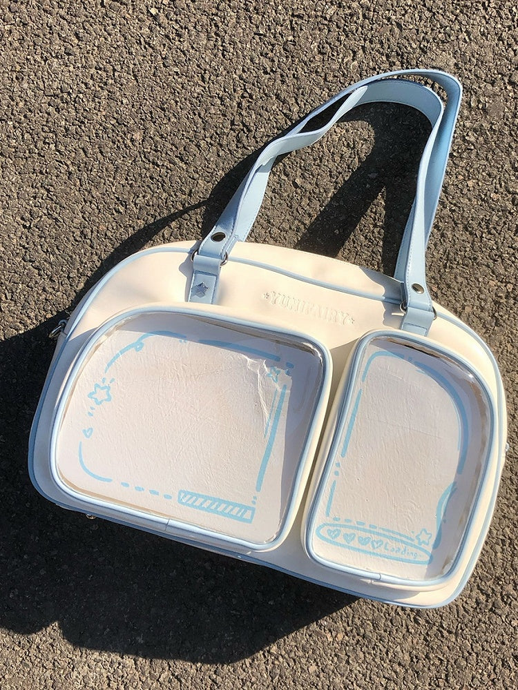White & Blue Contrast Trim Bread-shaped Ita Shoulder Bag