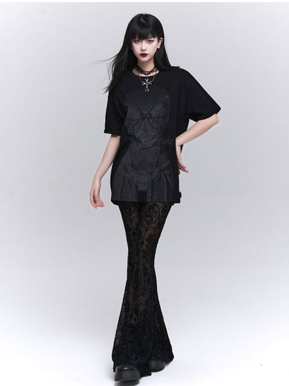 Gothic Schlaghose mit schwarzer Spitze und Rosetten