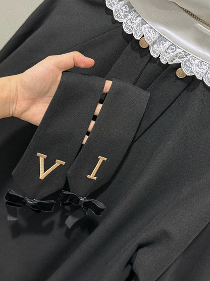 Schwarzes Ouji-Lolita-Outfit mit Hasenohren, Kragen hinten, langen Ärmeln, Oberteil und Knickerbocker-Shorts