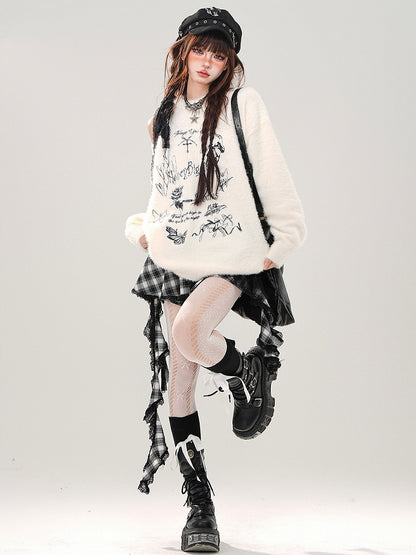 Apricot/Black Butterflies and Bows Cutout Shoulder Mohair Soft Sweater