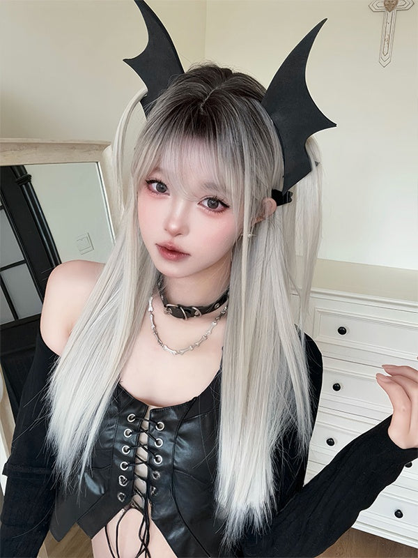 Milchweiße lange glatte Kunsthaarperücke mit Pony