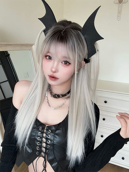 Milchweiße lange glatte Kunsthaarperücke mit Pony