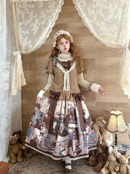 Top Lace-Knit Light Sleeves Lolita Brown Short