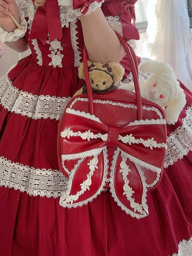 Shoulder (3 Front Bag Lace Red Lace) Contrasting Statement Trims of Square and White Lolita Types with PU Bow