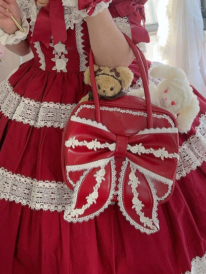 Shoulder (3 Front Bag Lace Red Lace) Contrasting Statement Trims of Square and White Lolita Types with PU Bow