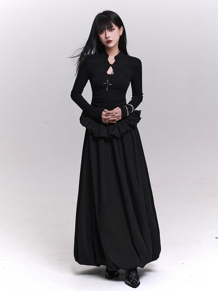 Black Knit Maxi Bubble Dress with Ruffled Hem