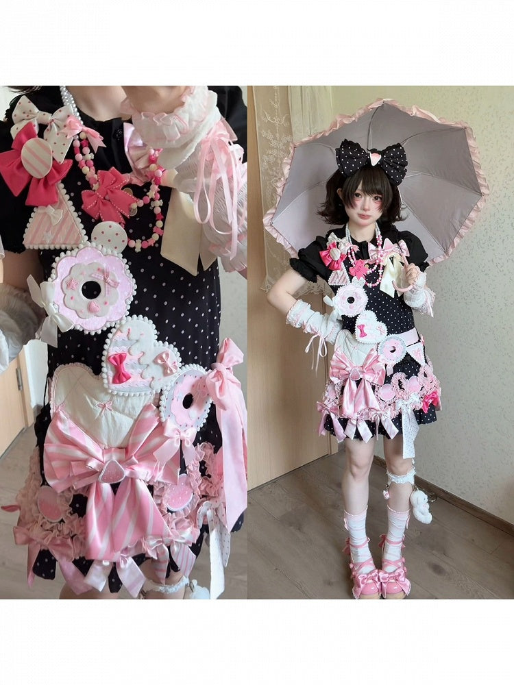 Polka Dot JSK in Black and Pink with Adjustable Straps and Bows - sedef