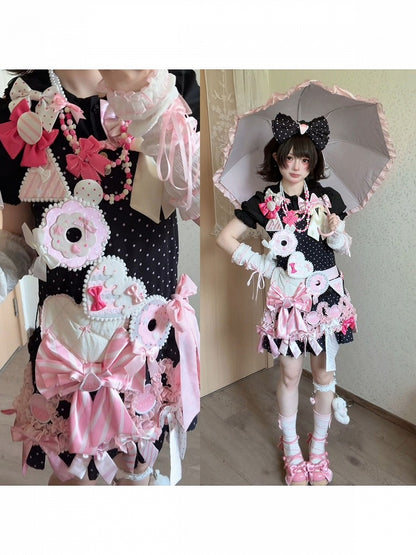 Polka Dot JSK in Black and Pink with Adjustable Straps and Bows - sedef