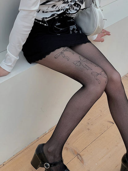 Print Pantyhose Bowknot Black/Nude Semi-sheer