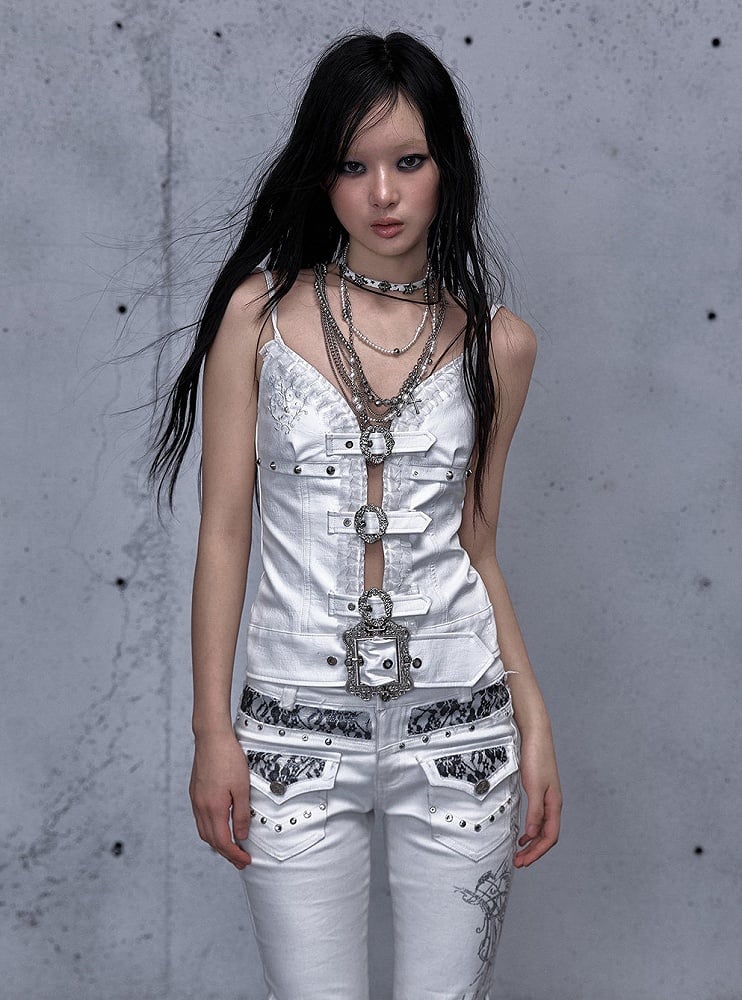 White Rock Studded with Straps Cami Accents Buckle Punk Top