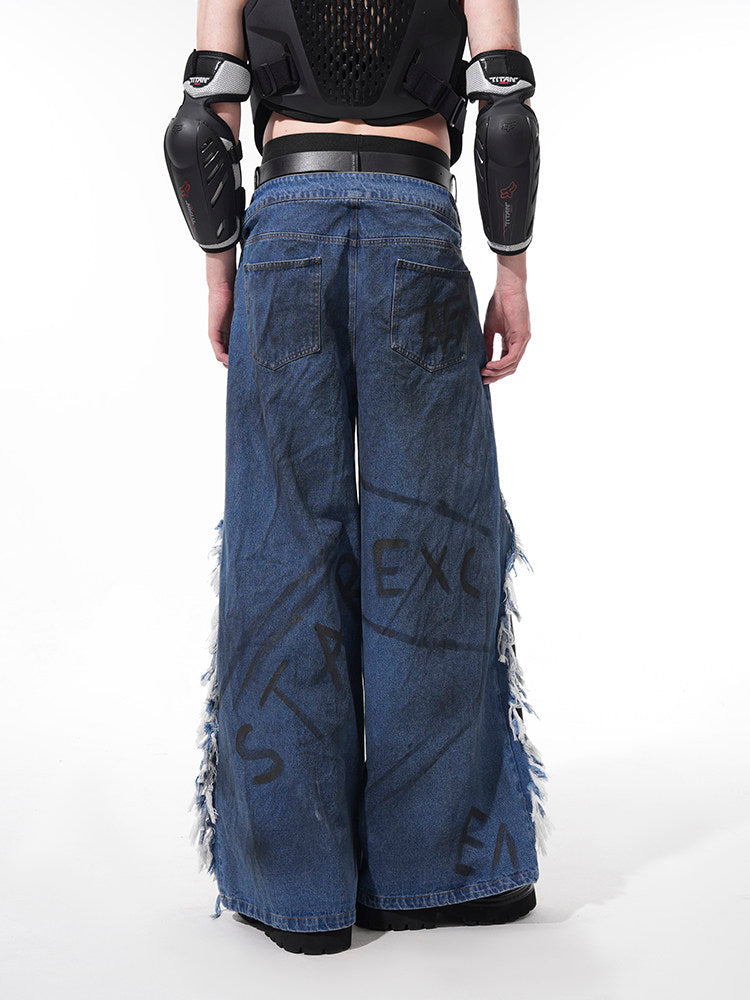 Patchwork - Grungy Blue Men's Black Hem Hand-lettering Raw and Jeans