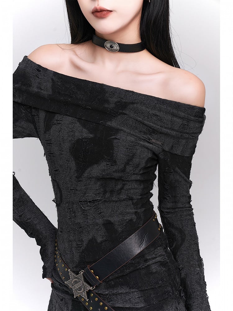 Hem Black Off-Shoulder with Bell Sleeves Dress Gothic Asymmetric Gray