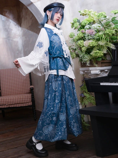 Blue Asymmetric Vest with Jellyfish Print & Embroidered Details - Quirky Hut