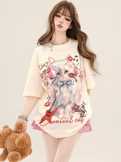 アプリコット/ピンクのスウィートキャットルーズTシャツ