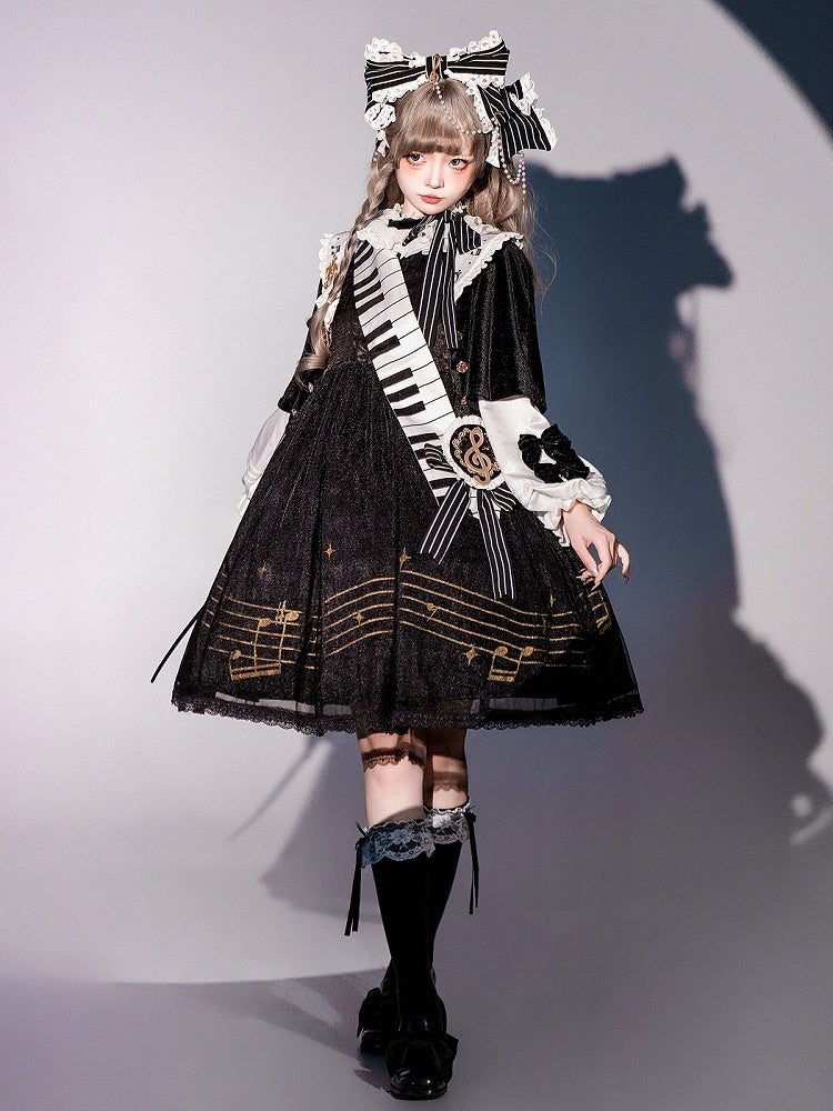 Musical Note Print Black and White Long Sleeves Lolita OP Full Set