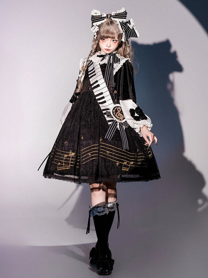 Musical Note Print Black and White Long Sleeves Lolita OP Full Set