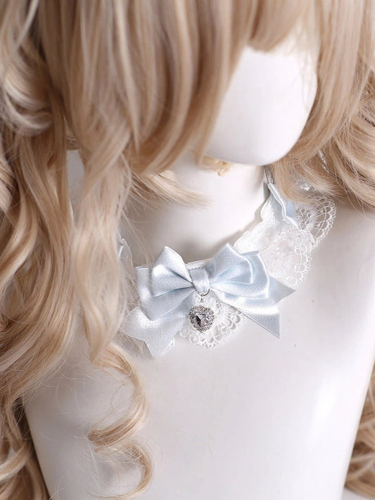Sweet Lolita Heart Jewel Bow Choker - Elegant Blue & White Lace Necklace