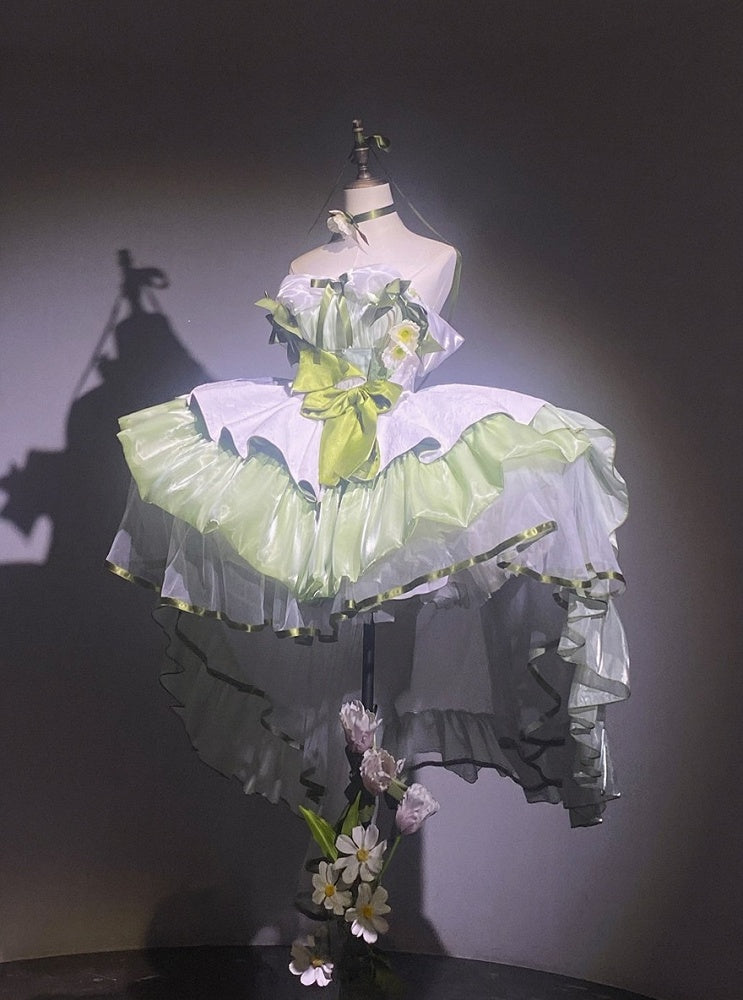 Green Balletcore Puffy Dress with Bow Accents - POSHEPOSE