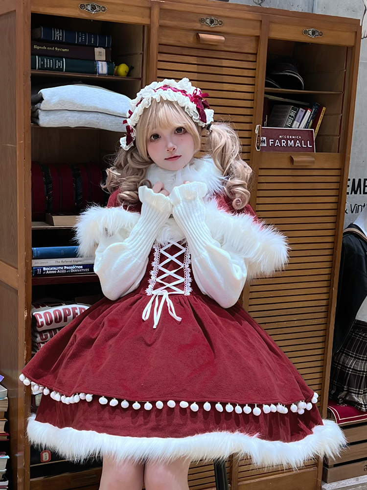 Accents Jumper Skirt with Lolita Self-tie Bow Wine Shoulder Sweet Detachable Straps Christmas Red