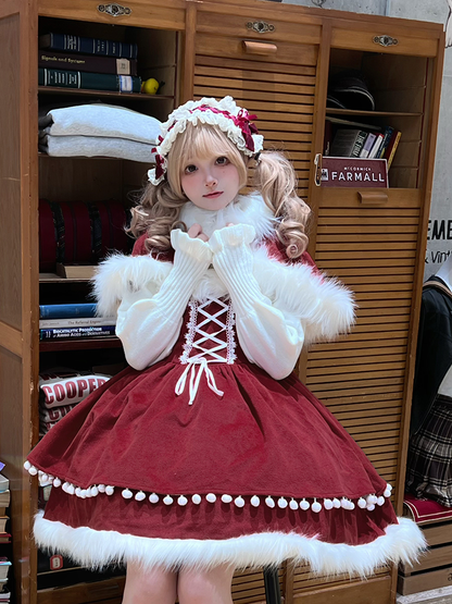 Accents Jumper Skirt with Lolita Self-tie Bow Wine Shoulder Sweet Detachable Straps Christmas Red