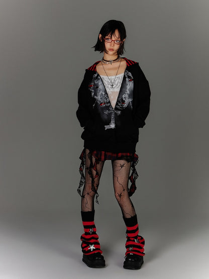 Two-pieces Hoodie Graphic Accents Holes Y2K Black Distressed Pin Faux