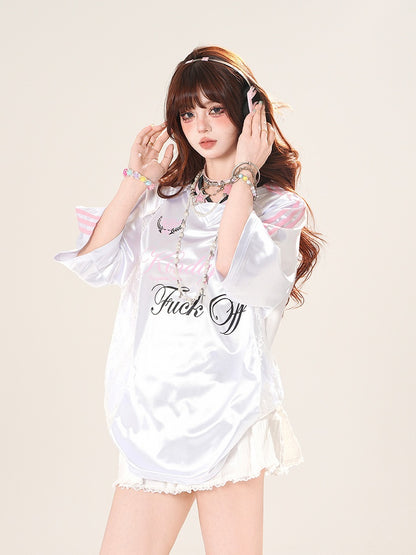 VネックTシャツ コントラストレースパッチ ブロケット コアピンク