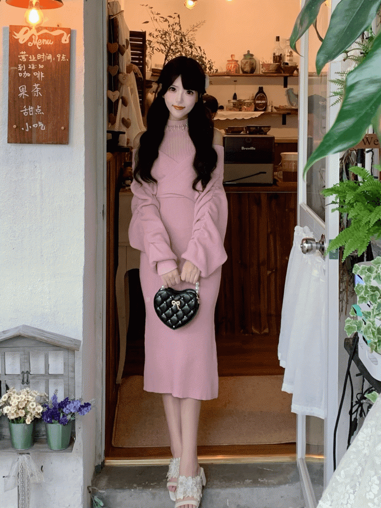 Rhinestone Cutout Innocent Clean Shoulder with Mermaid Dress Pink Dangling Aesthetic Neckline Knit