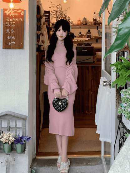 Rhinestone Cutout Innocent Clean Shoulder with Mermaid Dress Pink Dangling Aesthetic Neckline Knit