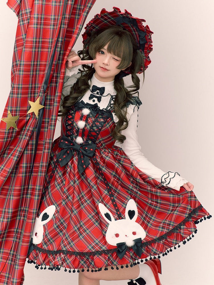 Christmas Red Plaid Ruffled Brim Bonnet