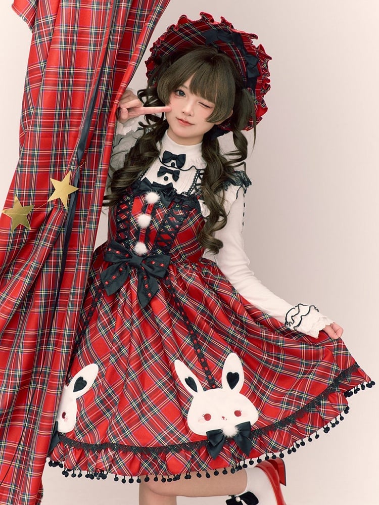 Chirstmas Red Plaid Jumper Skirt with Embroidered Fluffy Bunny Accents