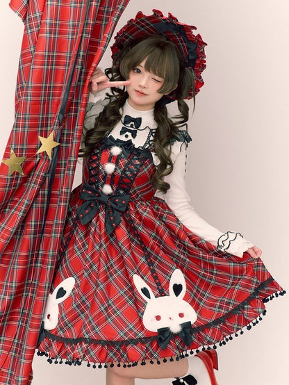 Chirstmas Red Plaid Jumper Skirt with Embroidered Fluffy Bunny Accents
