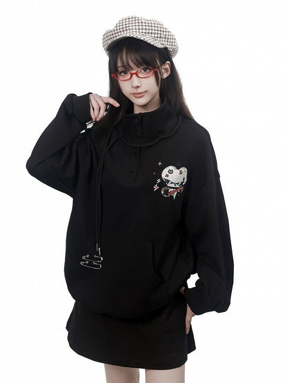 Stand Collar Sweatshirt in Black with Cartoon Mouse Print and Safety Pin Detail - PINK SAVIOR