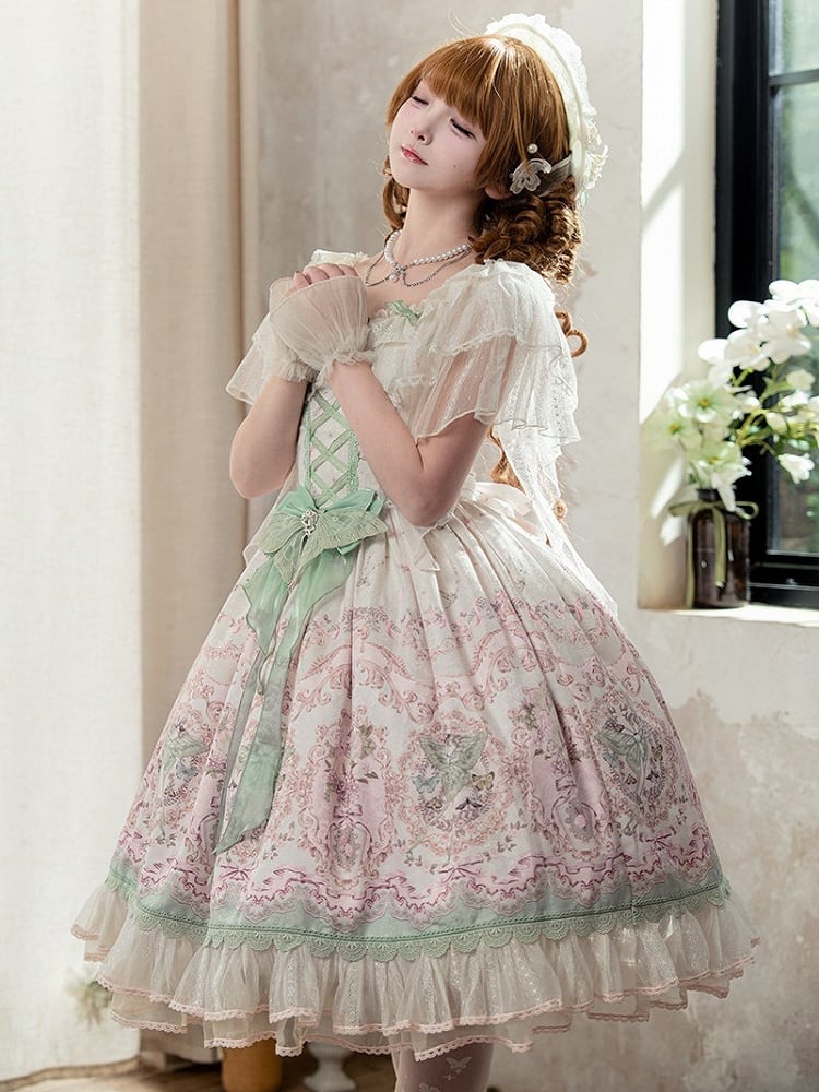 Floral Square Dress Lolita Elegant Moth Green and with Details Neckline Lace Pink Print