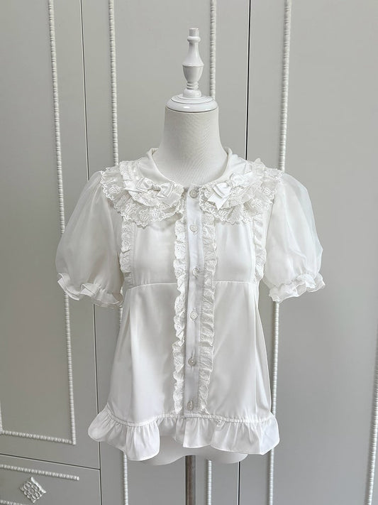 Short Collar Lolita White Round Flat Sleeves Shirt