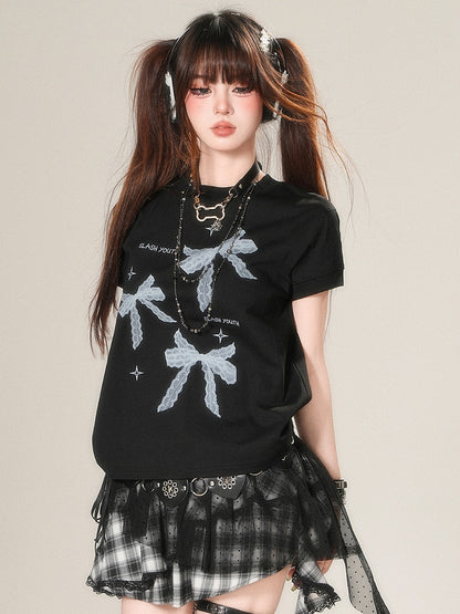 ホワイト/ブラック デイリープリント 蝶結び かわいいTシャツ