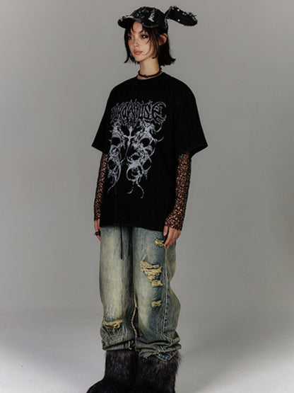 Black/White Faded Wash Cotton T-Shirt Distressed Punk Print Vintage