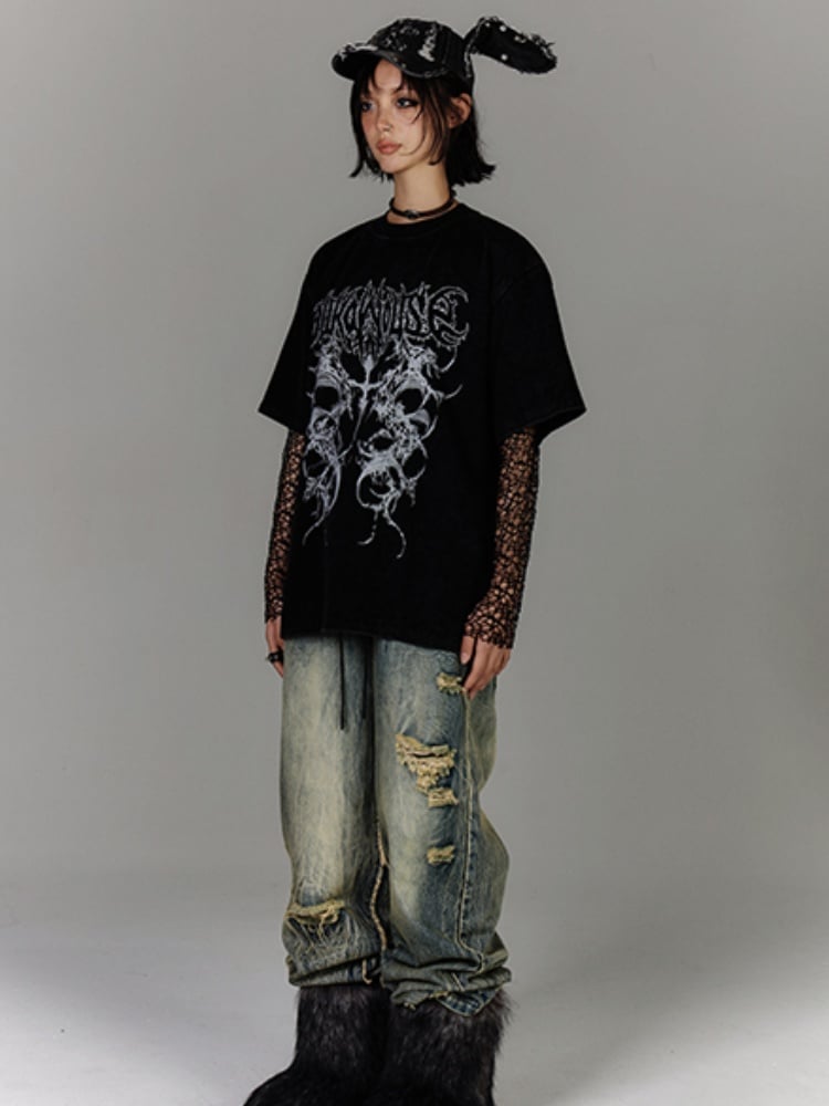 Vintage Distressed Baumwoll T-Shirt Schwarz/Weiß Wash Punk Print Verblasst