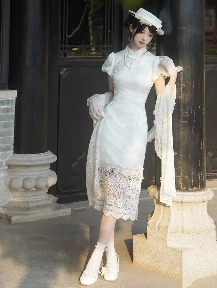 Slit Panel Banded Hem Side Dress Lace Qi Lolita Collar Butterfly Qipao Jacquard