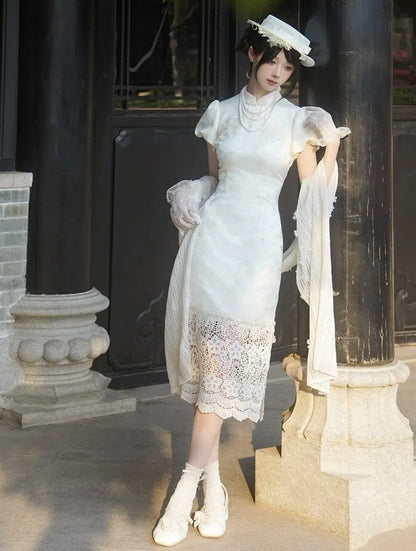 Slit Panel Banded Hem Side Dress Lace Qi Lolita Collar Butterfly Qipao Jacquard