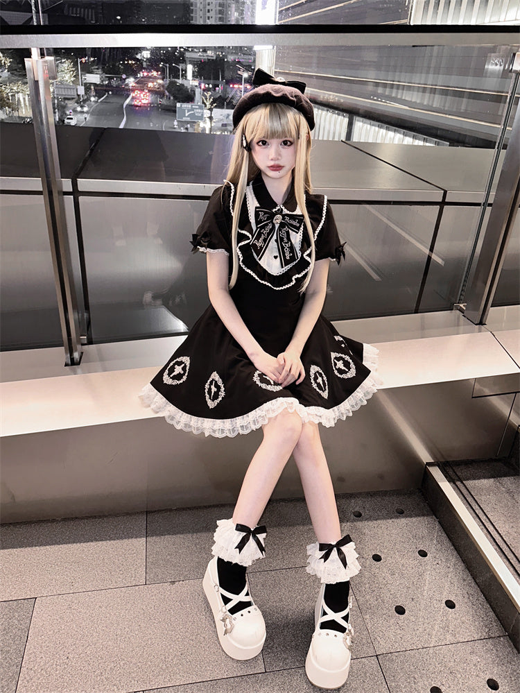 ブラック ジライケイ フリル レーストリム クロスドレス ビッグリボントレーン付き