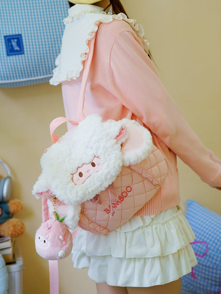 Diamond Letter Lamb Backpack Flap WhitePink Embroidery Plush Pattern