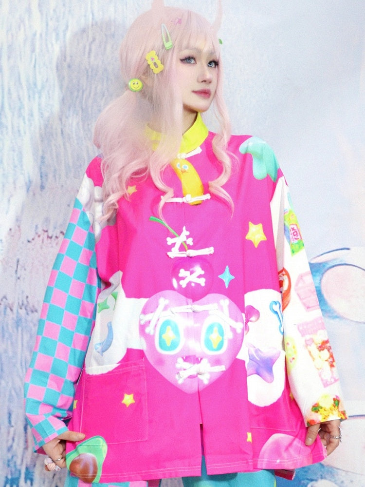 Bone Star 6 Shirt Print Y2K Checked Pattern And Colorful Heart