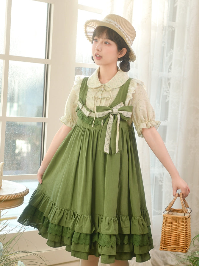Sweet Hem Overall Dress Bowknot Ruffle with Detachable Green