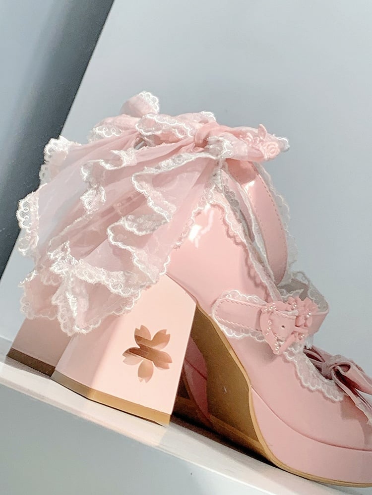 with - Heel Cherry Accents PU Heart Janes High Mary Lolita Platform Buckle Blossom Block Sweet Cutout Bow Pink