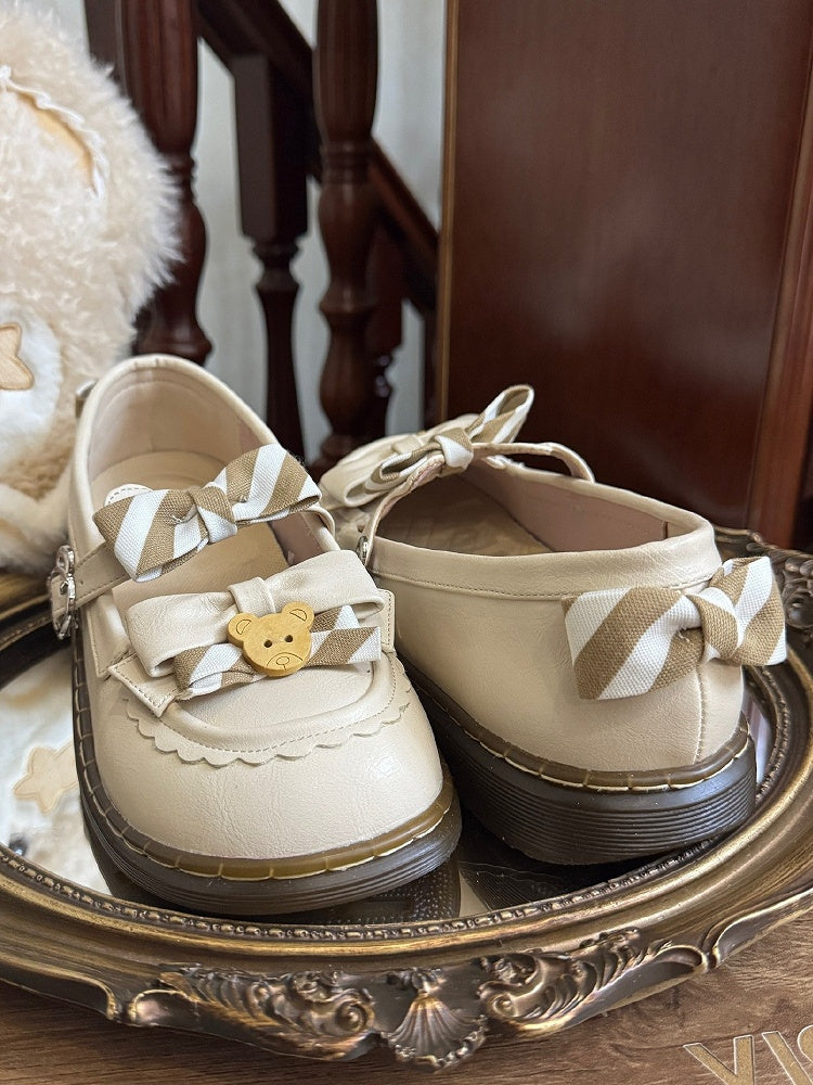 Pattern PU Details Off-white 2cm - Striped Shoes Bow Lolita Bear