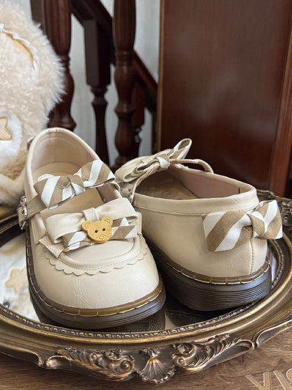 Pattern PU Details Off-white 2cm - Striped Shoes Bow Lolita Bear