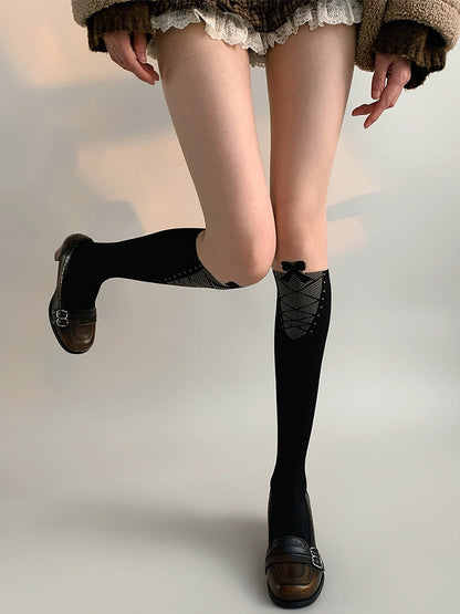Black Fishnet Panel Stockings Lace-Up